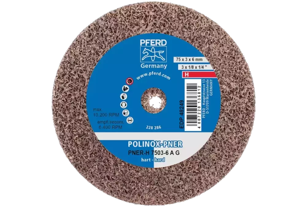 Dysk z włókniny prasowanej POLINOX PNER Ø 75 × 3 mm do otworu Ø 6 mm twardy A gruboziarnisty do wykańczania 1