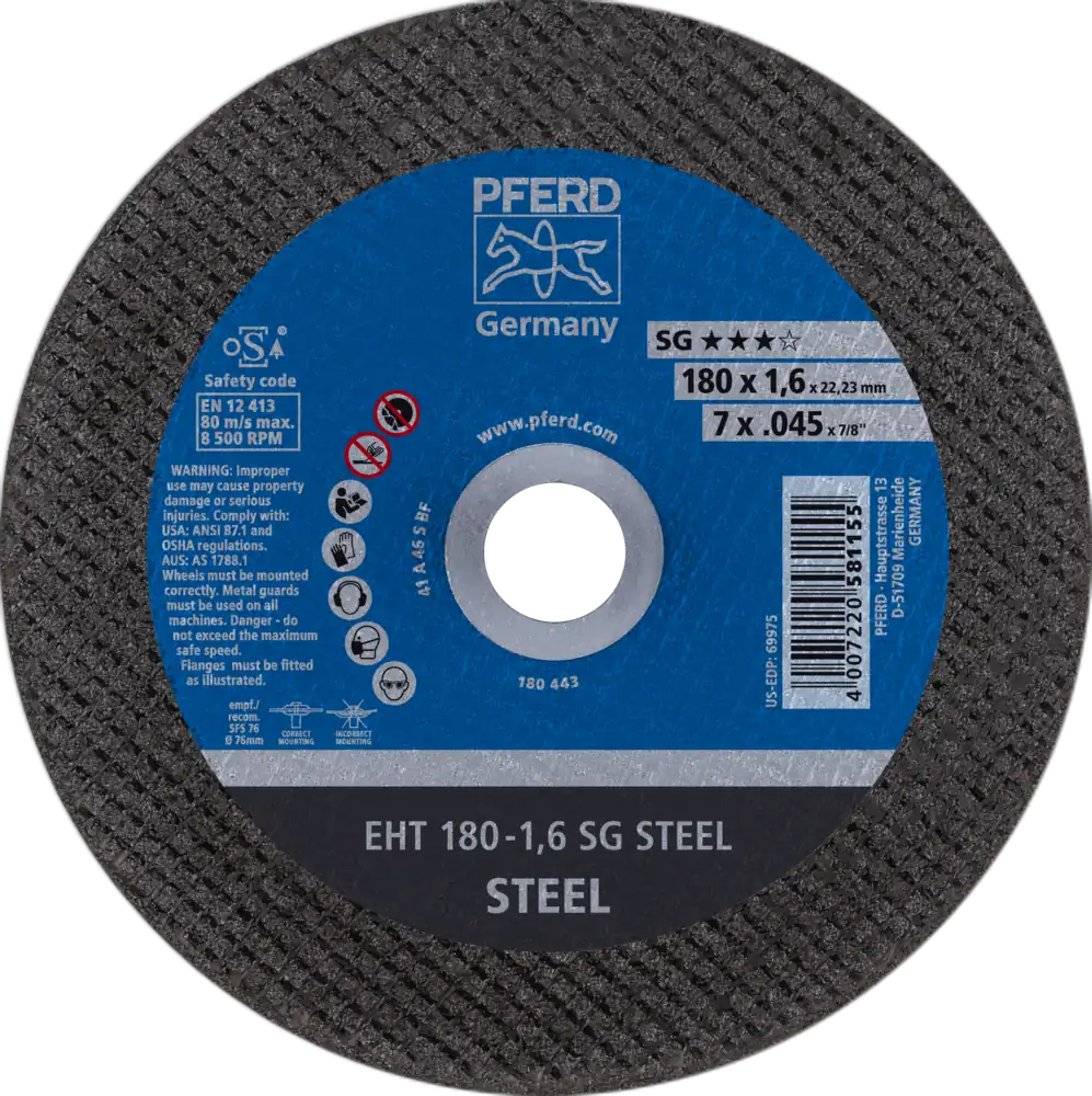 Tarcza do cięcia metalu 180x1,6x22,23 SG STEEL płaska Pferd 61326122 1