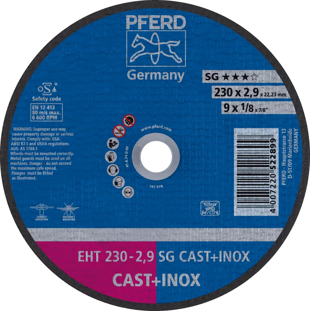 Tarcza do cięcia żeliwa 230x2,9x22,23 SG CAST + INOX płaska Pferd 61328832 1
