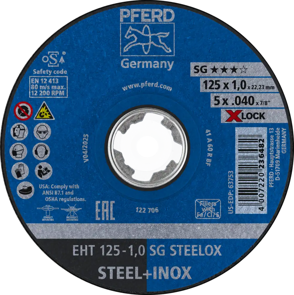 Tarcza do cięcia metalu 125x1x22,23 X-LOCK SG STEELOX płaska Pferd 61341113 1