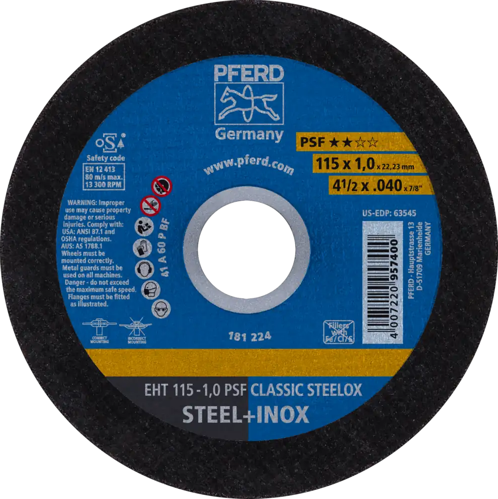 Tarcza do cięcia metalu 115x1x22,23 PSF CLASSIC STEELOX płaska Pferd 61715150 1