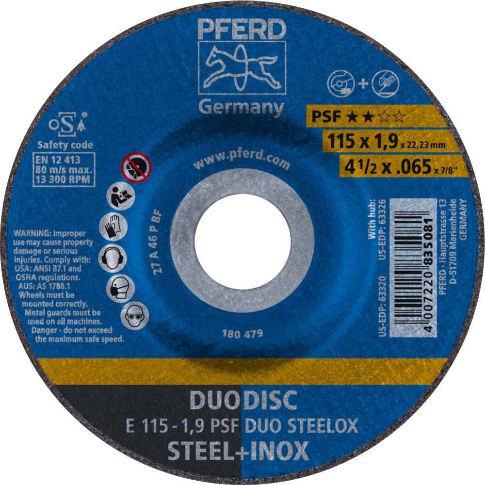 Tarcza do cięcia metalu 115x1,9x22,23 PSF DUO STEELOX wypukła Pferd 62011630 1