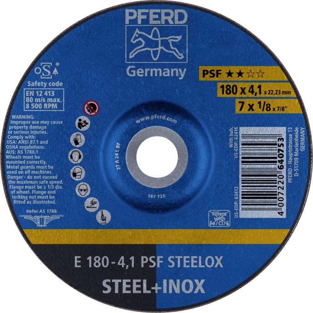 Tarcza do szlifowania metalu 180x4,1x22,23 PSF STEELOX wypukła Pferd 62017950 1