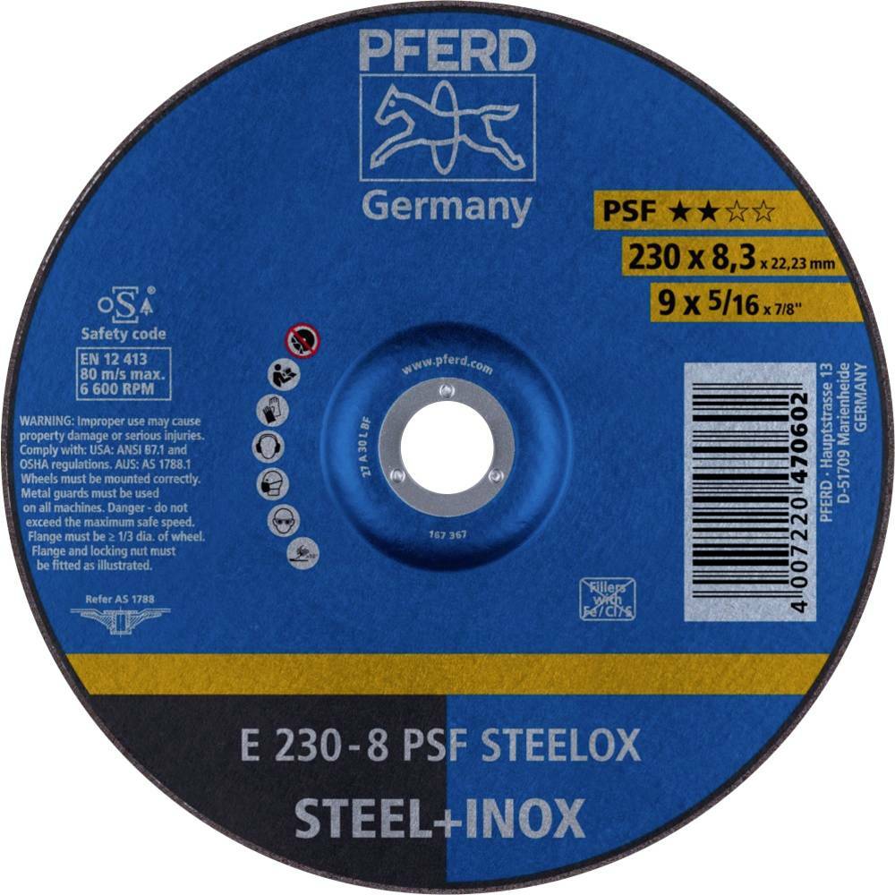 Tarcza do szlifowania metalu 230x8,3x22,23 PSF STEELOX wypukła Pferd 62023831 1