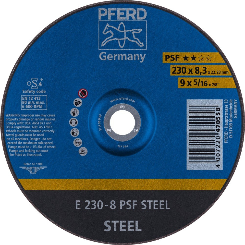 Tarcza do szlifowania metalu 230x8,3x22,23 PSF STEEL wypukła Pferd 62023834 1