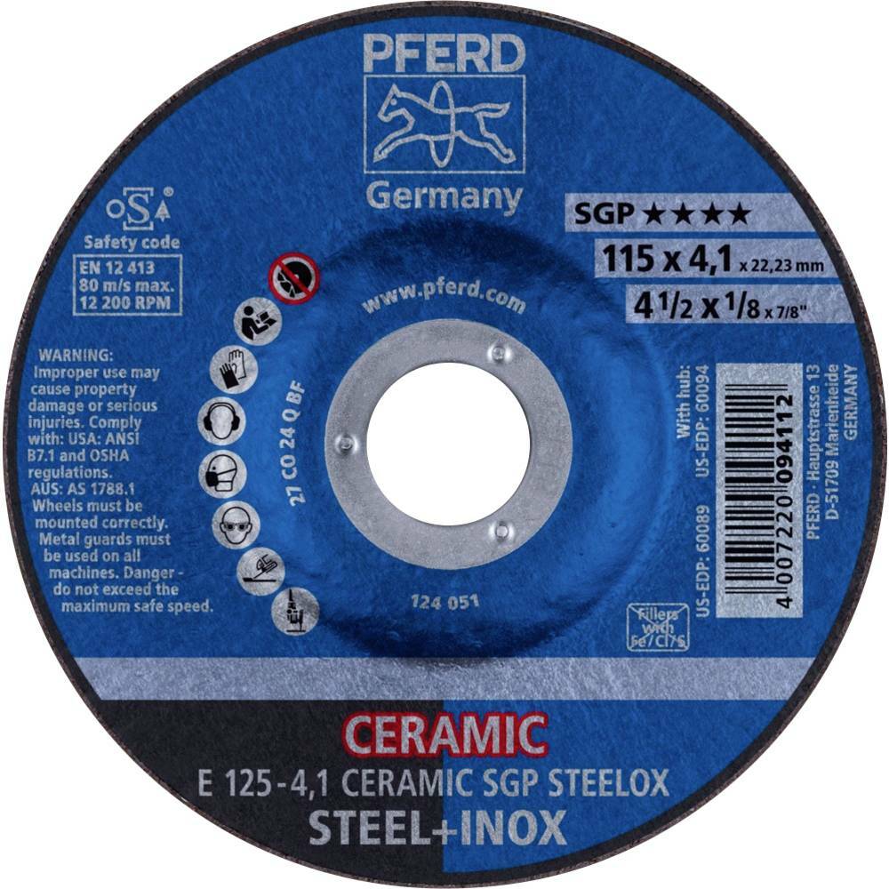Tarcza do szlifowania metalu 125x4,1x22,23 CERAMIC SGP STEELOX wypukła Pferd 62100125 1