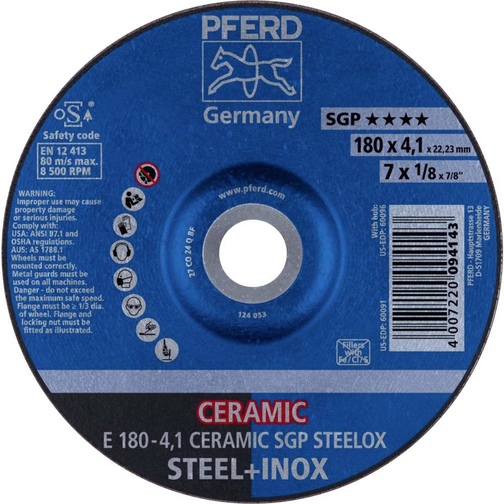 Tarcza do szlifowania metalu 180x4,1x22,23 CERAMIC SGP STEELOX wypukła Pferd 62100180 1