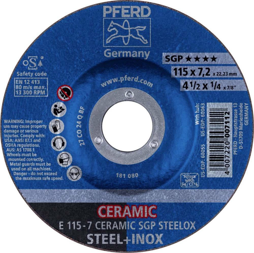 Tarcza do szlifowania metalu 115x7,2x22,23 CERAMIC SGP STEELOX wypukła Pferd 62211300 1