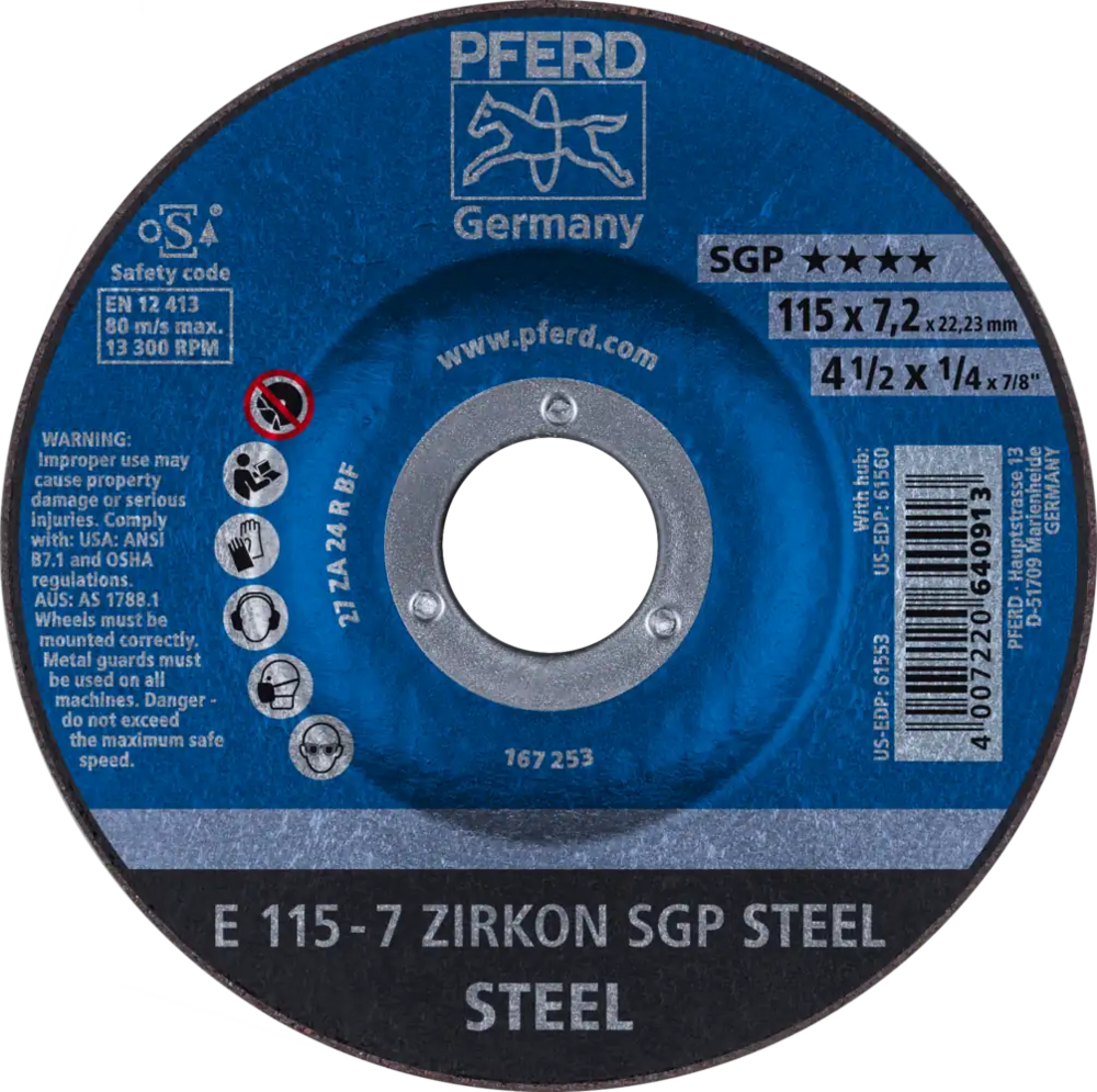 Tarcza do szlifowania metalu 115x7,2x22,23 ZIRKON SGP STEEL wypukła Pferd 62211737 1