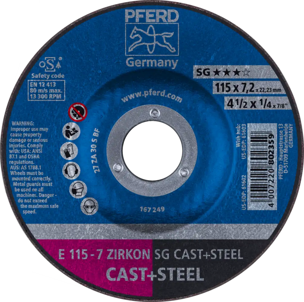 Tarcza do szlifowania żeliwa 115x7,2x22,23 ZIRKON SG CAST+STEEL wypukła Pferd 62211747 1