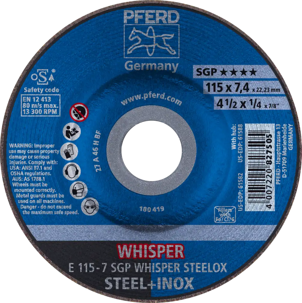 Tarcza do szlifowania metalu 115x7,4x22,23 WHISPER SGP STEELOX wypukła Pferd 62211848 1