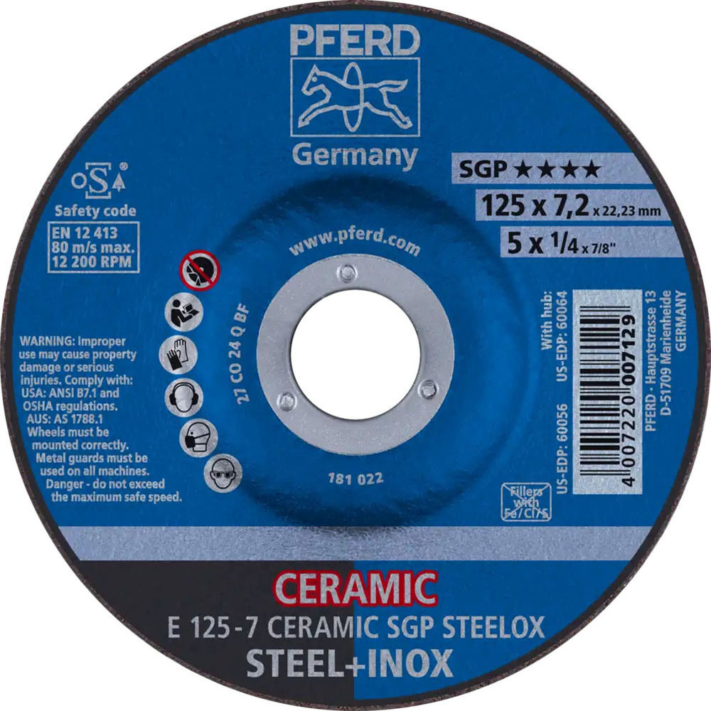 Tarcza do szlifowania metalu 125x7,2x22,23 CERAMIC SGP STEELOX wypukła Pferd 62212300 1