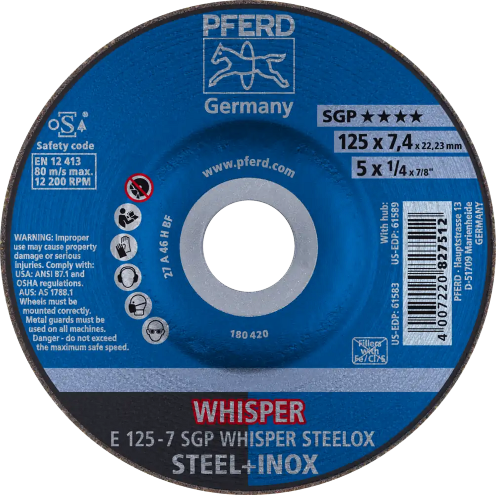 Tarcza do szlifowania metalu 125x7,4x22,23 WHISPER SGP STEELOX wypukła Pferd 62212848 1
