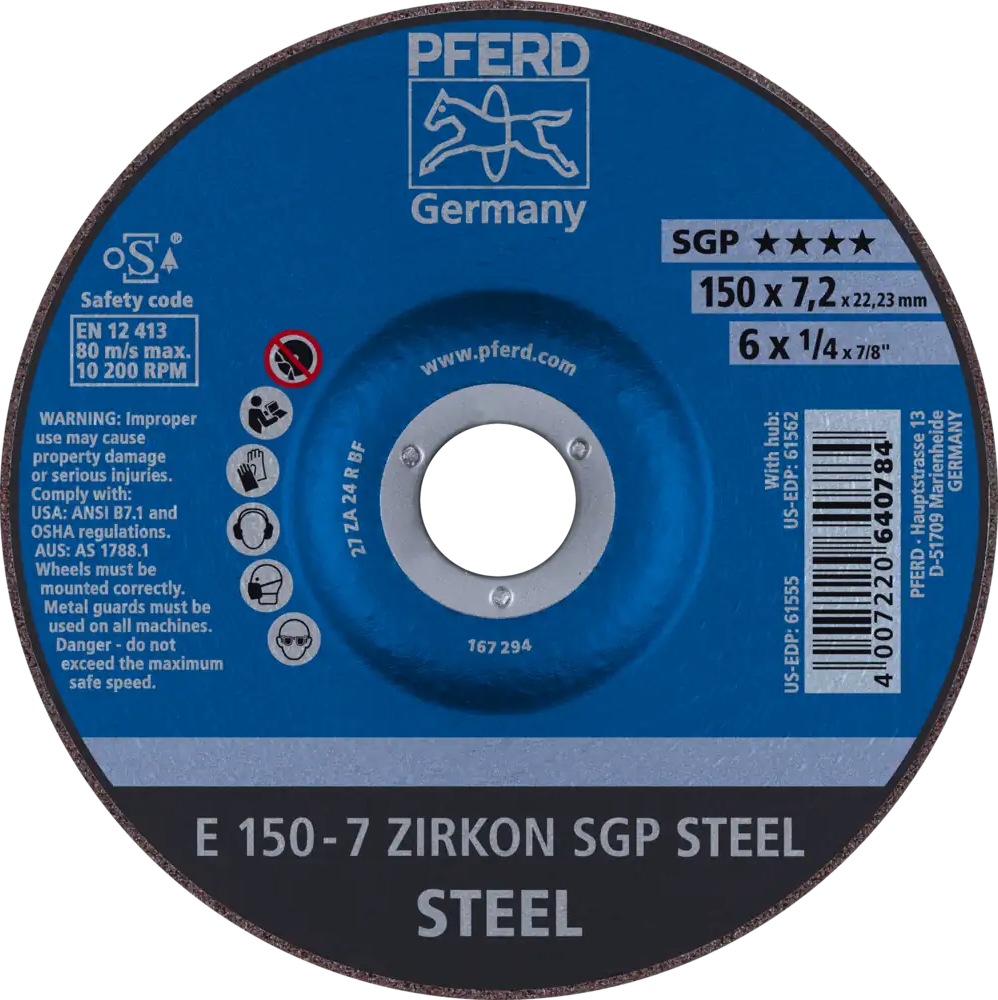 Tarcza do szlifowania metalu 150x7,2x22,23 ZIRKON SGP STEEL wypukła Pferd 62215326 1