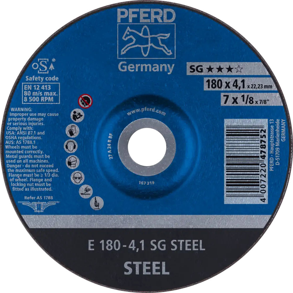 Tarcza do szlifowania metalu 180x4,1x22,23 SG STEEL wypukła Pferd 62217426 1