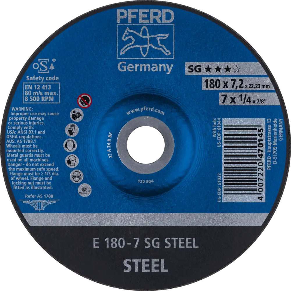 Tarcza do szlifowania metalu 180x7,2x22,23 SG STEEL wypukła Pferd 62217626 1