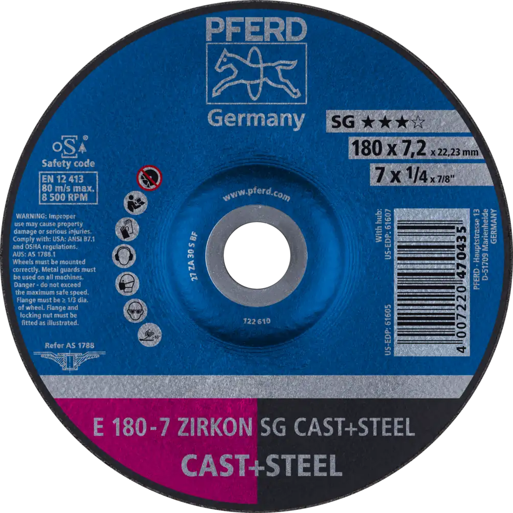 Tarcza do szlifowania żeliwa 180x7,2x22,23 ZIRKON SG CAST+STEEL wypukła Pferd 62217628 1