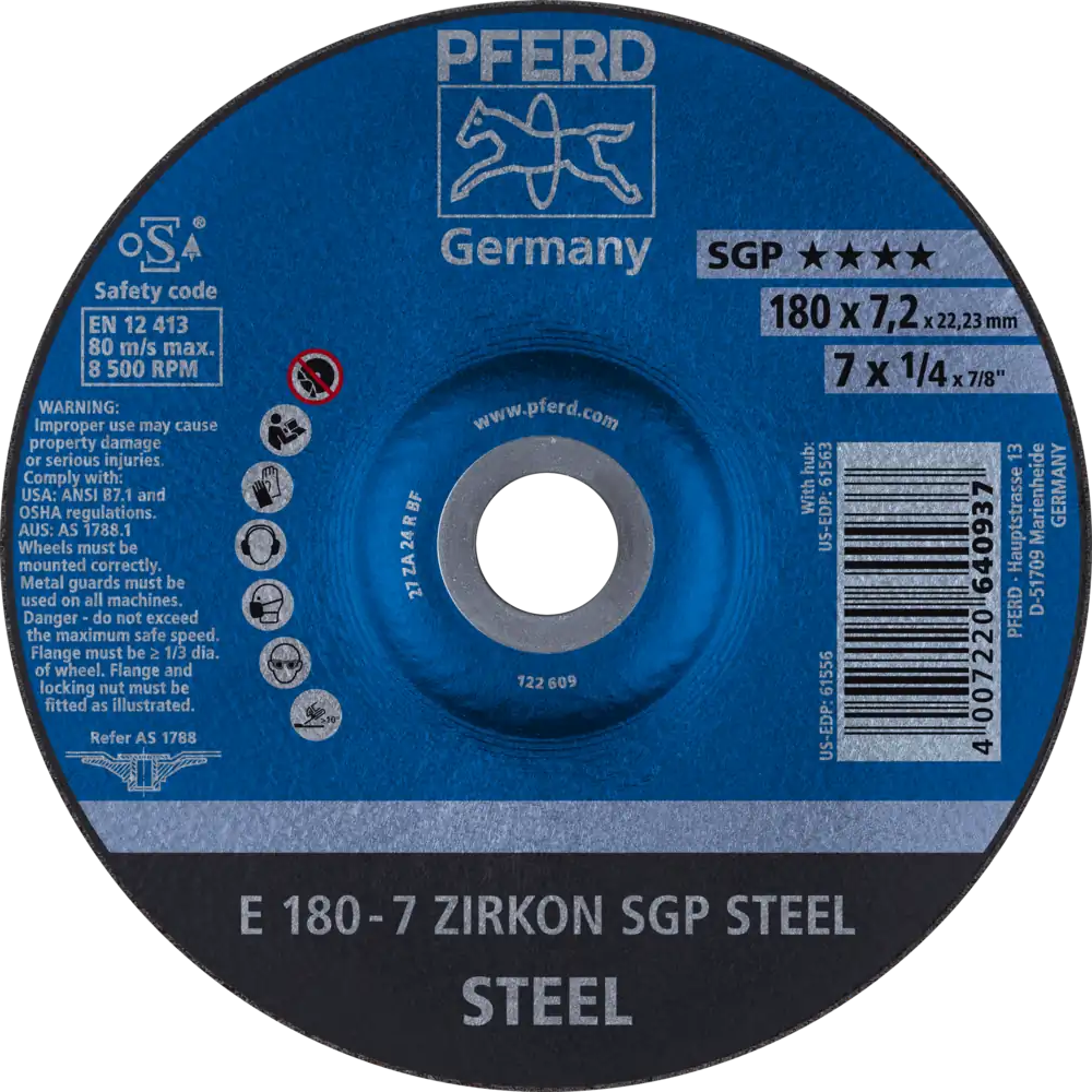 Tarcza do szlifowania metalu 180x7,2x22,23 ZIRKON SGP STEEL wypukła Pferd 62217737 1
