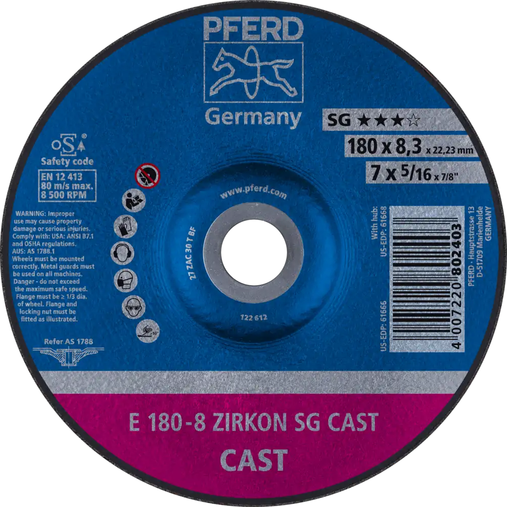 Tarcza do szlifowania żeliwa 180x8,3x22,23 ZIRKON SG CAST wypukła Pferd 62217747 1