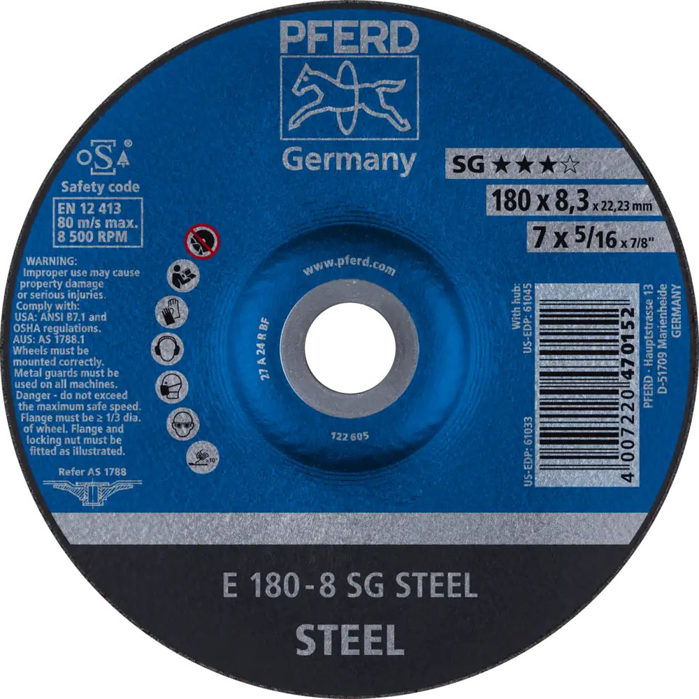 Tarcza do szlifowania metalu 180x8,3x22,23 SG STEEL wypukła Pferd 62217826 1
