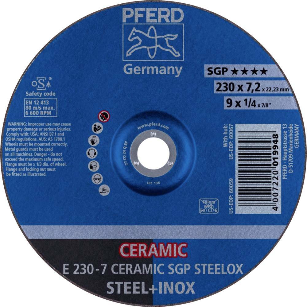 Tarcza do szlifowania metalu 230x7,2x22,23 CERAMIC SGP STEELOX wypukła Pferd 62218300 1