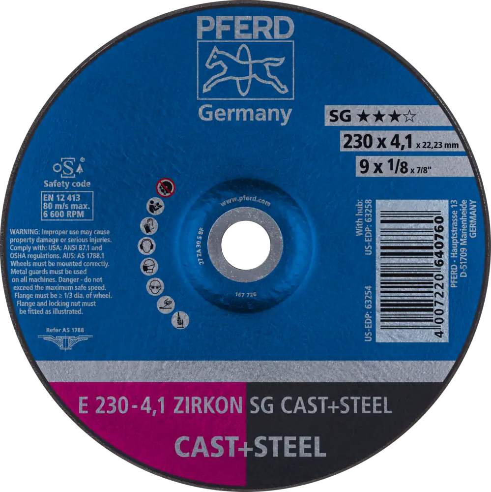 Tarcza do szlifowania żeliwa 230x4,1x22,23 ZIRKON SG CAST+STEEL wypukła Pferd 62218310 1