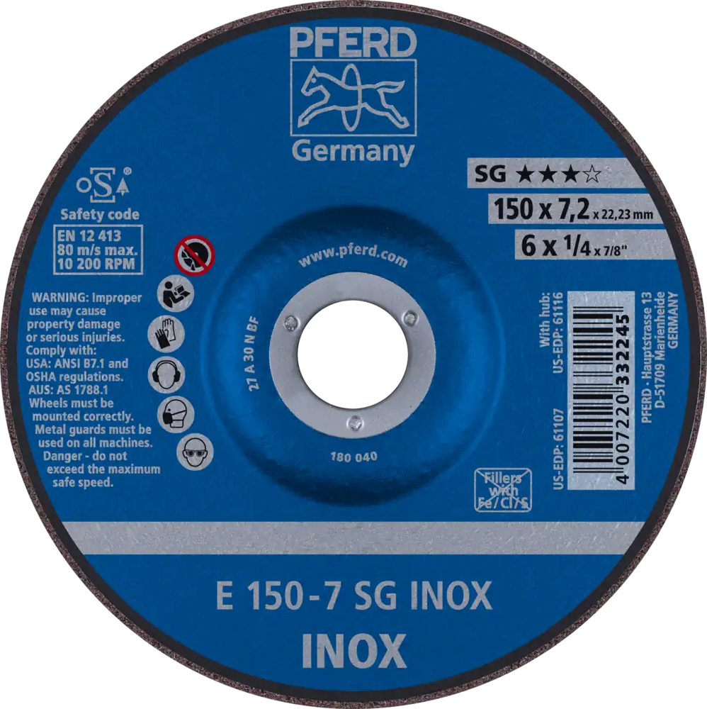 Tarcza do szlifowania metalu 230x5,2x22,23 SG INOX wypukła Pferd 62222730 1