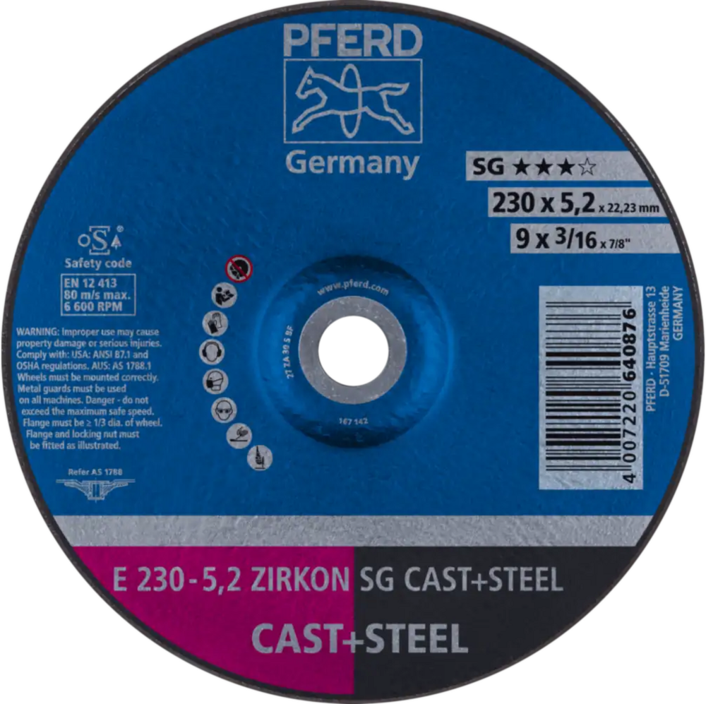 Tarcza do szlifowania żeliwa 230x5,2x22,23 ZIRKON SG CAST+STEEL wypukła Pferd 62223527 1