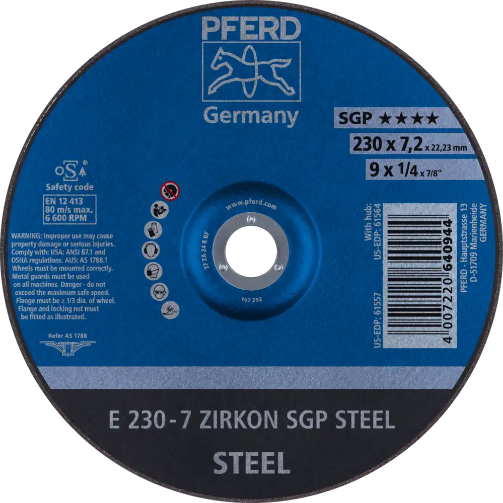 Tarcza do szlifowania metalu 230x7,2x22,23 ZIRKON SGP STEEL wypukła Pferd 62223737 1