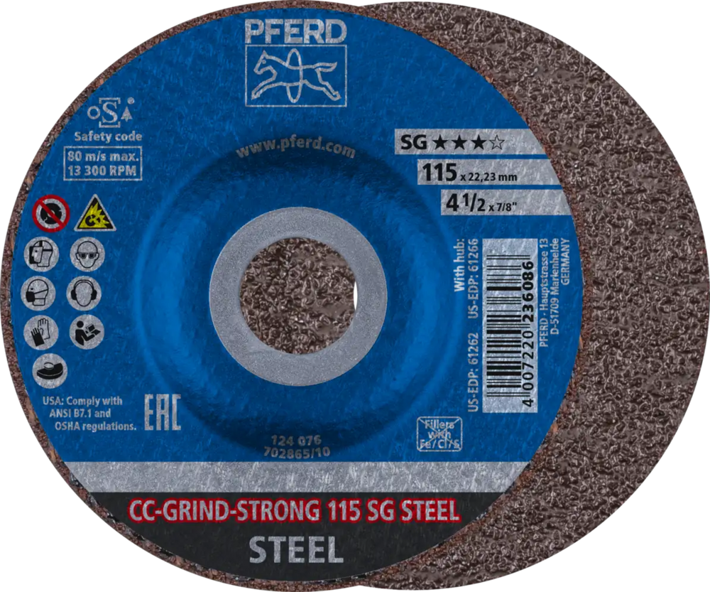 Tarcza do szlifowania metalu 115x22,23 CC-GRIND STRONG SG STEEL wypukła Pferd 64181115 1