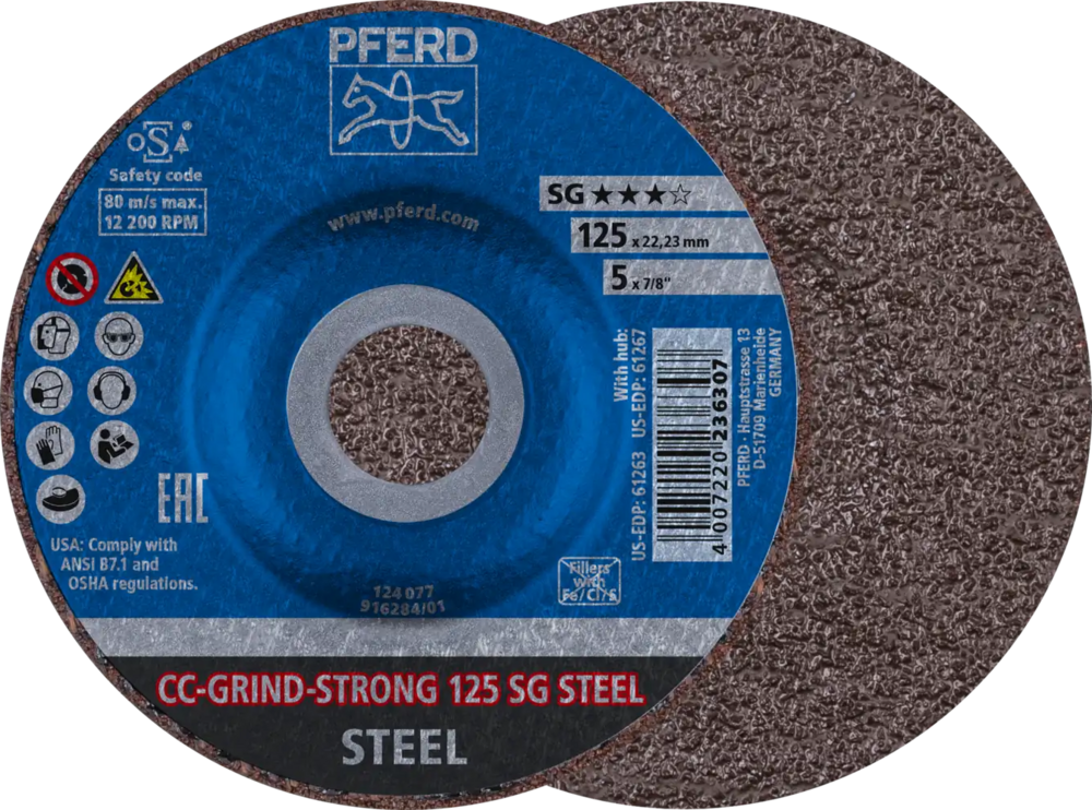 Tarcza do szlifowania metalu 125x22,23 CC-GRIND STRONG SG STEEL wypukła Pferd 64181125 1