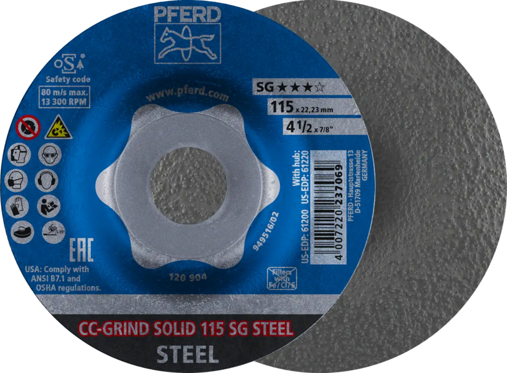 Tarcza do szlifowania metalu 115x22,23 CC-GRIND SOLID SG STEEL wypukła Pferd 64185115 1