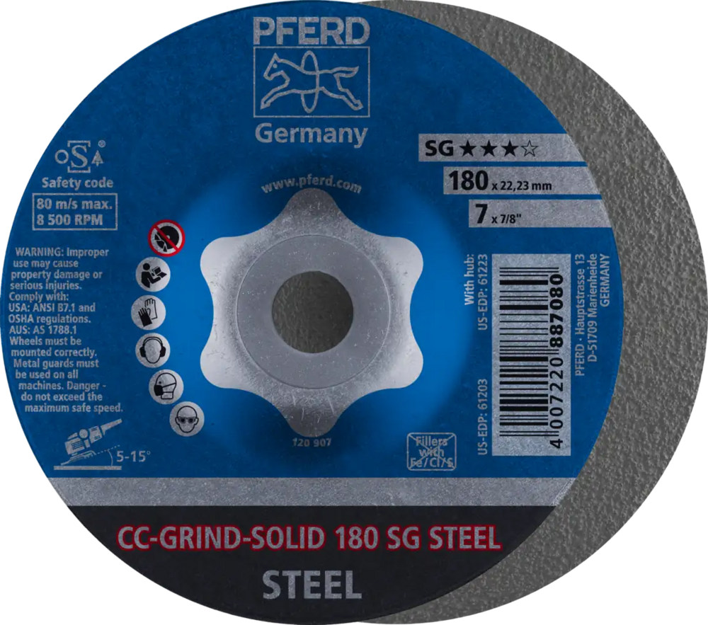 Tarcza do szlifowania metalu 180x22,23 CC-GRIND SOLID SG STEEL wypukła Pferd 64185180 1