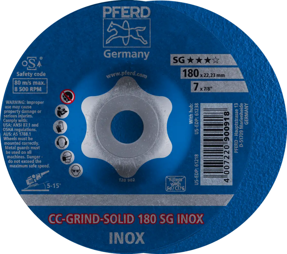 Tarcza do szlifowania metalu 180x22,23 CC-GRIND SOLID SG INOX wypukła Pferd 64186180 1