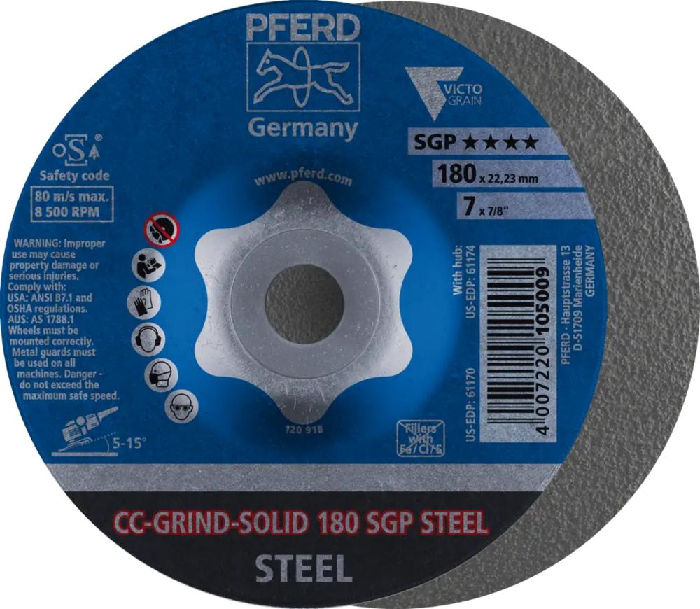 Tarcza do szlifowania metalu 180x22,23 CC-GRIND SOLID SGP STEEL wypukła Pferd 64187180 1