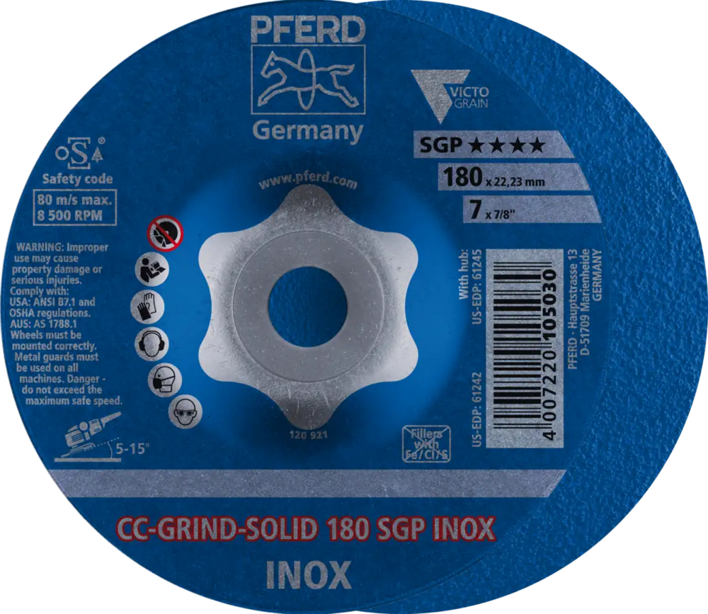Tarcza do szlifowania metalu 180x22,23 CC-GRIND SOLID SGP INOX wypukła Pferd 64189180 1