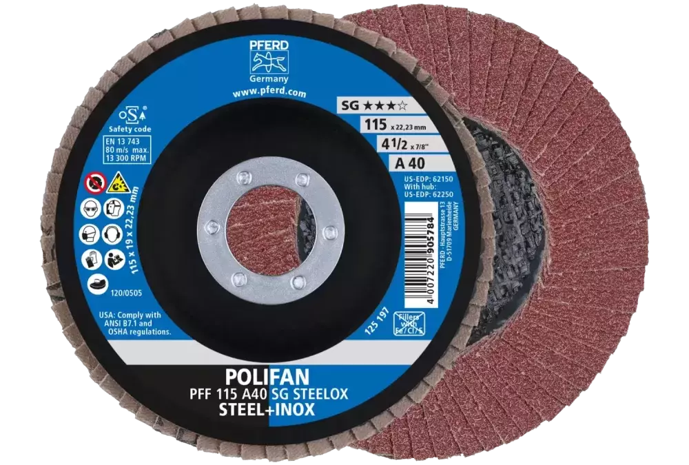 Ściernica listkowa POLIFAN PFF 115 × 22,23 mm płaska A40 linia wydajna SG STEELOX stal/stal nierdzewna 1