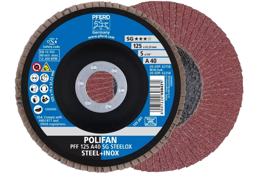 Ściernica listkowa POLIFAN PFF 125 × 22,23 mm płaska A40 linia wydajna SG STEELOX stal/stal nierdzewna 1