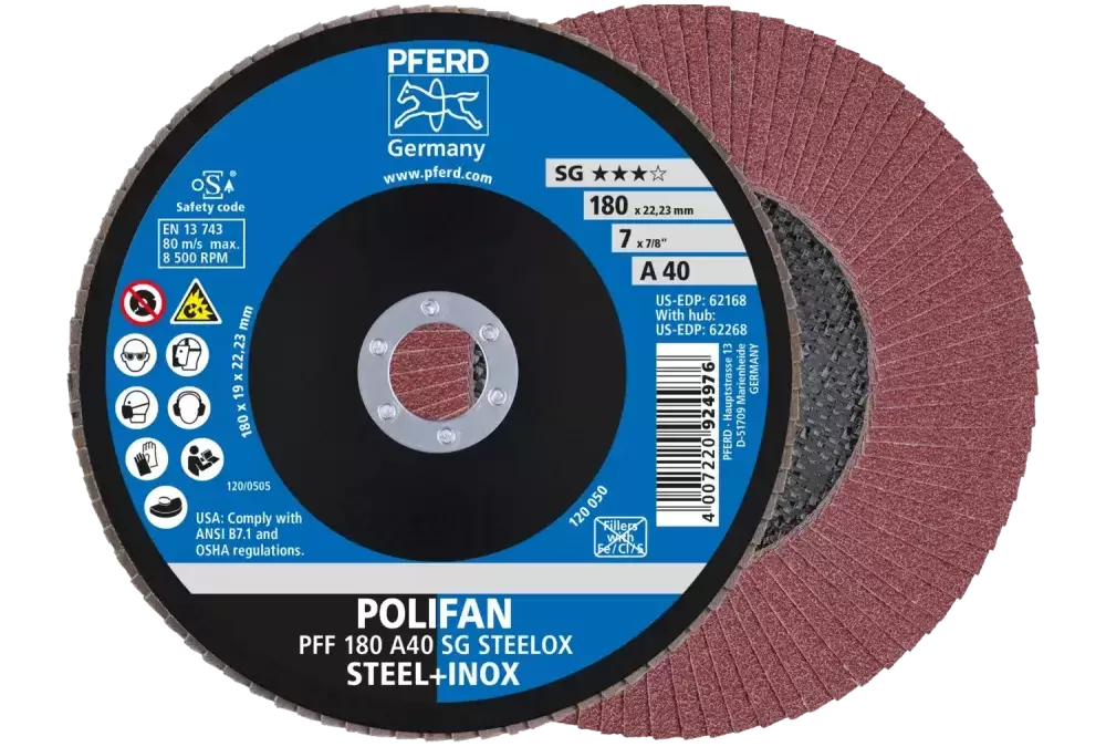 Ściernica listkowa POLIFAN PFF 180 × 22,23 mm płaska A40 linia wydajna SG STEELOX stal/stal nierdzewna 1
