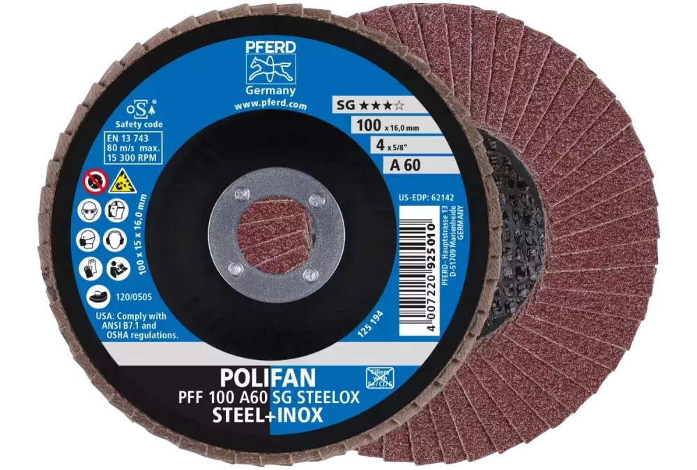 Ściernica listkowa POLIFAN PFF 100 × 16 mm płaska A60 linia wydajna SG STEELOX stal/stal nierdzewna 1