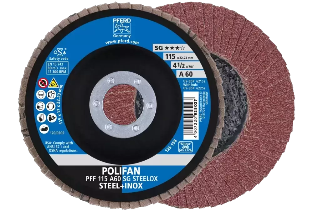 Ściernica listkowa POLIFAN PFF 115 × 22,23 mm płaska A60 linia wydajna SG STEELOX stal/stal nierdzewna 1