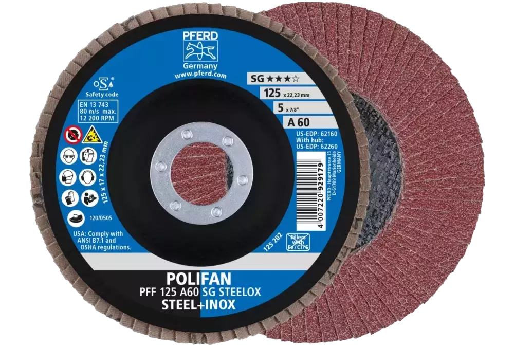 Ściernica listkowa POLIFAN PFF 125 × 22,23 mm płaska A60 linia wydajna SG STEELOX stal/stal nierdzewna 1