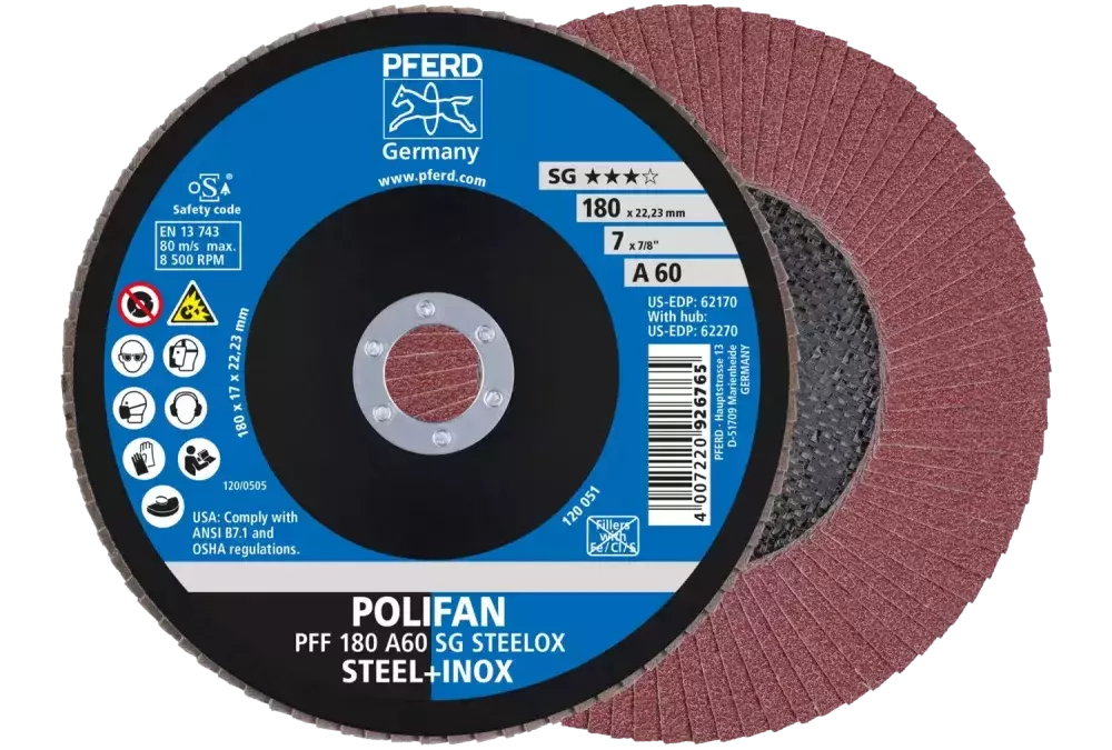 Ściernica listkowa POLIFAN PFF 180 × 22,23 mm płaska A60 linia wydajna SG STEELOX stal/stal nierdzewna 1
