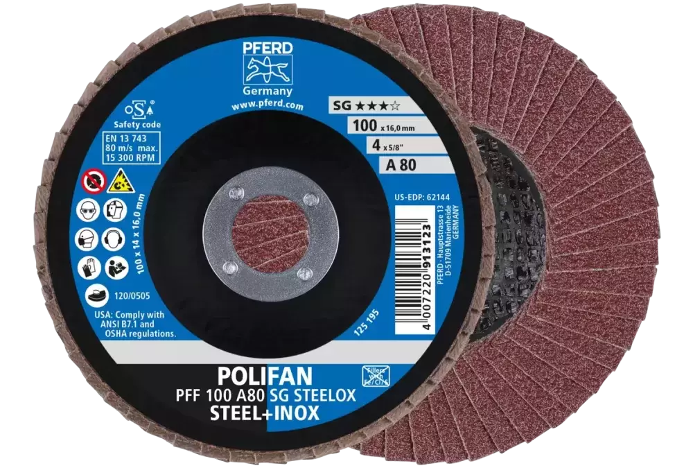 Ściernica listkowa POLIFAN PFF 100 × 16 mm płaska A80 linia wydajna SG STEELOX stal/stal nierdzewna 1