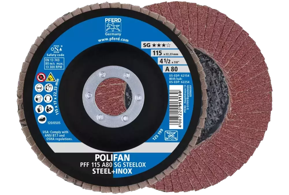 Ściernica listkowa POLIFAN PFF 115 × 22,23 mm płaska A80 linia wydajna SG STEELOX stal/stal nierdzewna 1