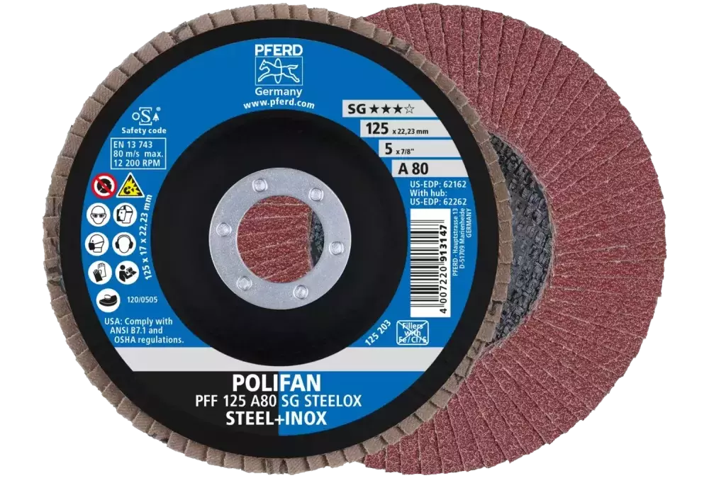Ściernica listkowa POLIFAN PFF 125 × 22,23 mm płaska A80 linia wydajna SG STEELOX stal/stal nierdzewna 1