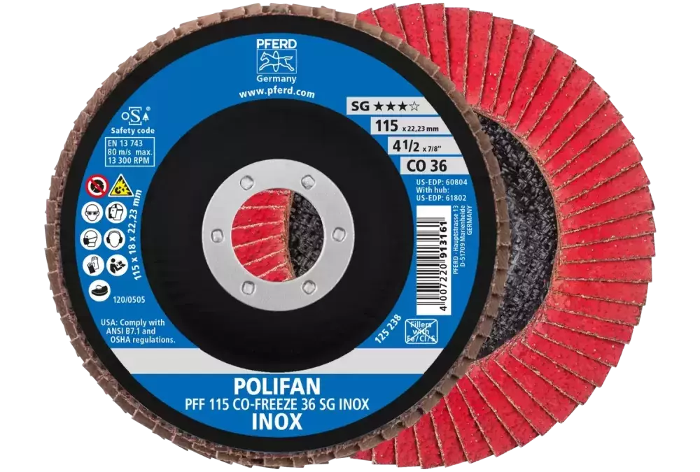 Ściernica listkowa POLIFAN PFF 115 × 22,23 mm płaska CO-FREEZE 36 linia wydajna SG INOX stal nierdzewna 1
