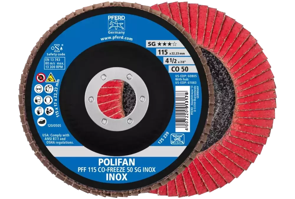 Ściernica listkowa POLIFAN PFF 115 × 22,23 mm płaska CO-FREEZE 50 linia wydajna SG INOX stal nierdzewna 1