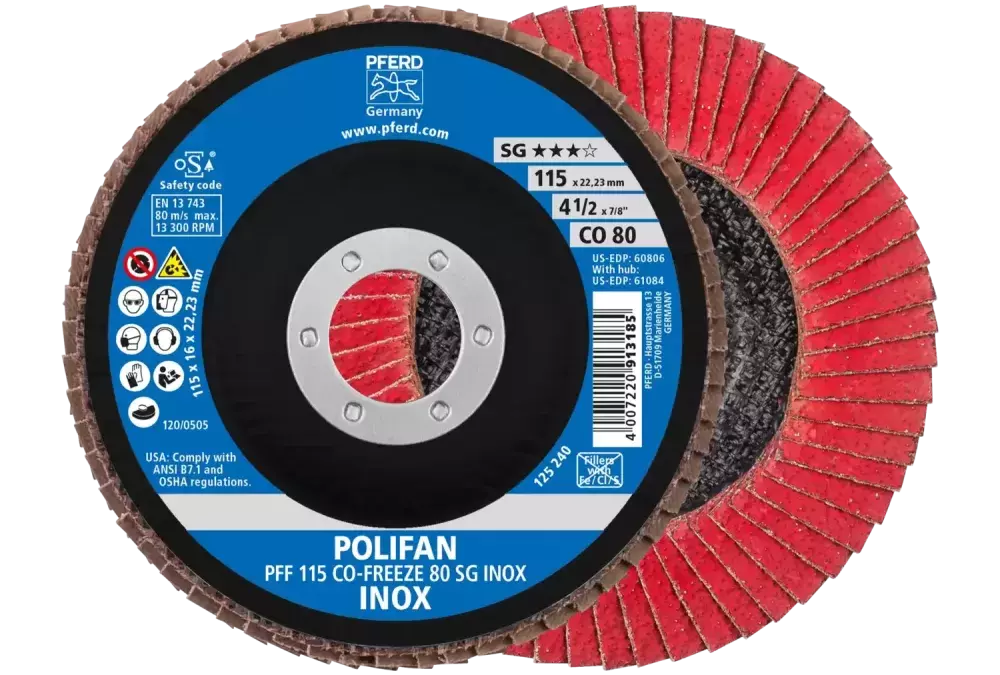 Ściernica listkowa POLIFAN PFF 115 × 22,23 mm płaska CO-FREEZE 80 linia wydajna SG INOX stal nierdzewna 1