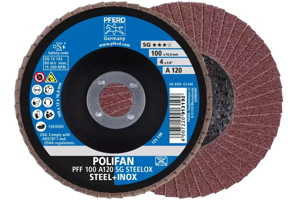 Ściernica listkowa POLIFAN PFF 100 × 16 mm płaska A120 linia wydajna SG STEELOX stal/stal nierdzewna 1